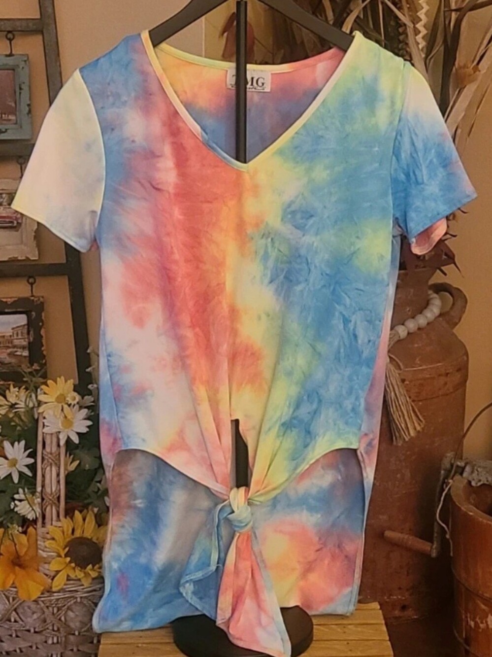 Tie-Dye TMG New York Made in the USA V-Neck Front-Tie Tee in Women's M Rainbow